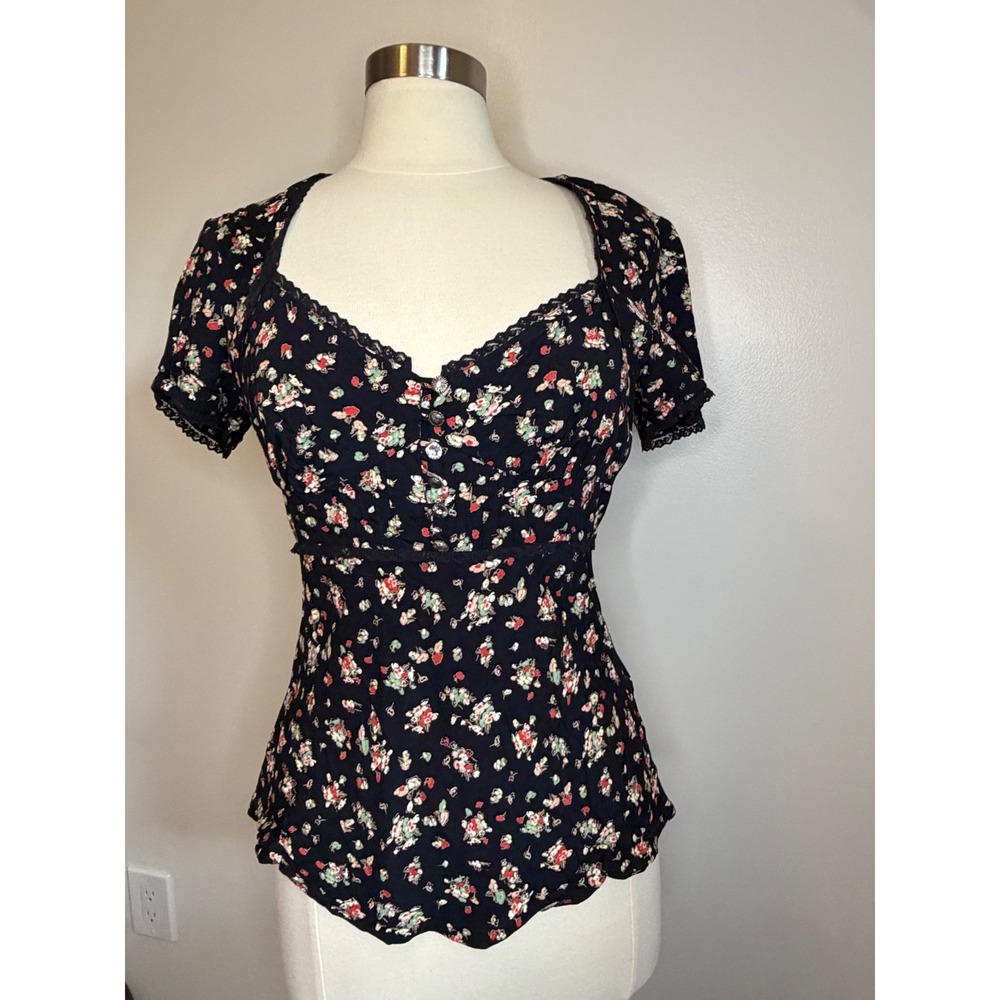 River Island Floral Lace Trim Sweetheart Babydoll Shirt Black Short Sleeve US 10